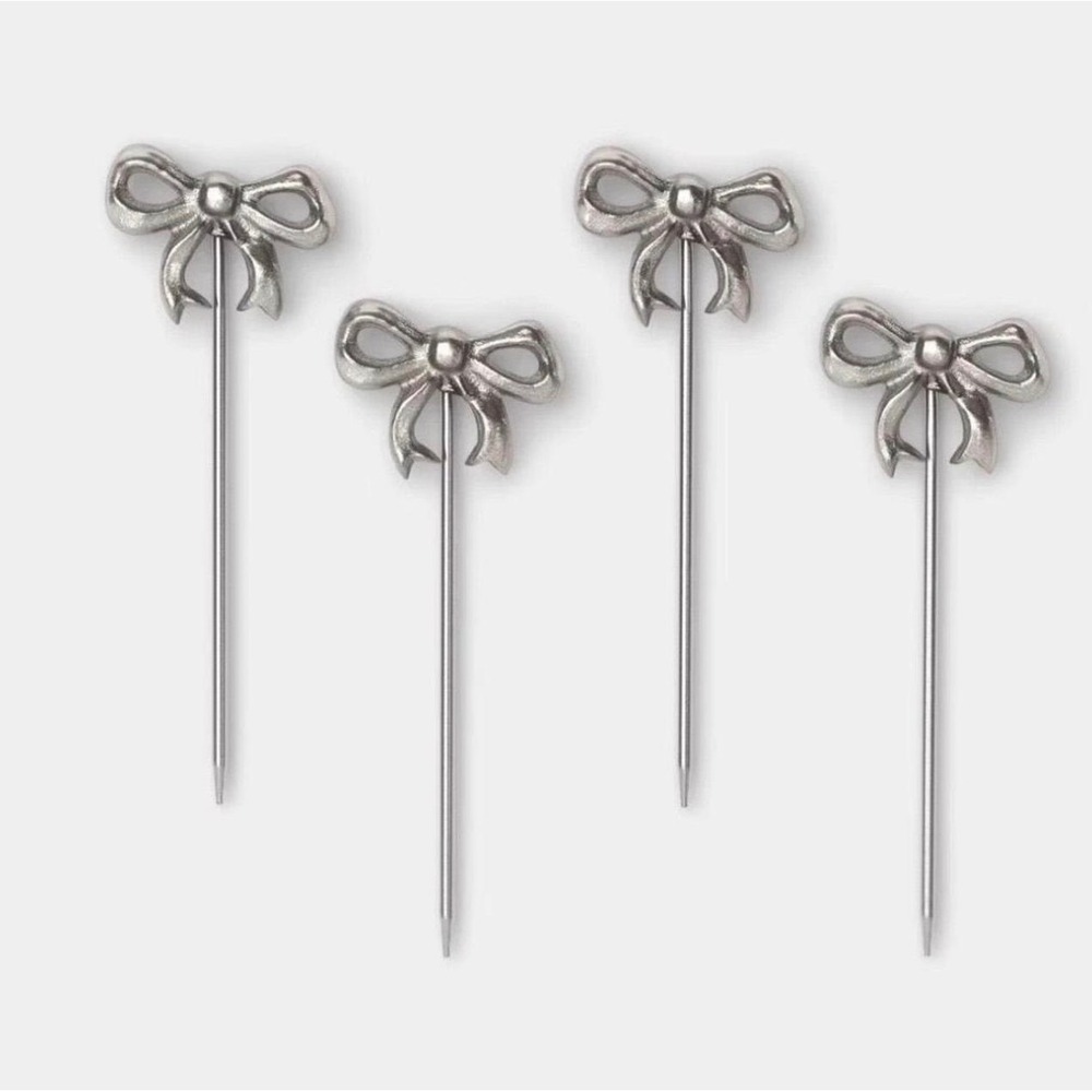 Threshold 4pc Bow Cocktail Picks Silver Metal Appetizer Garnish Set NEW